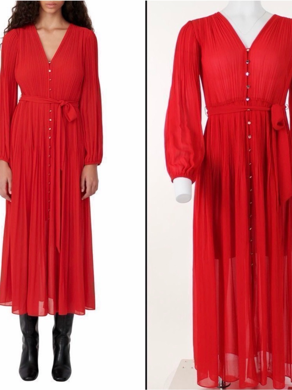 Maje Red Pleated V-Neck Maxi Dress with Tie Waist